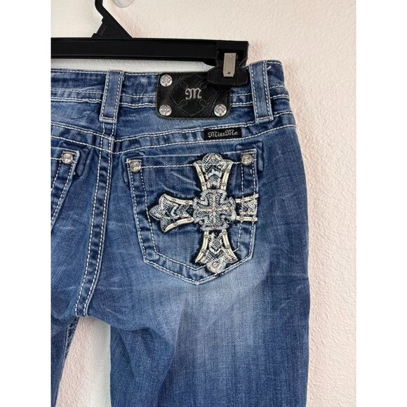 Miss Me women's‎ 27 relaxed boot cut medium wash denim jeans cross embroidered - Picture 5 of 8